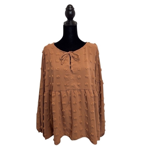 BiBi Women's V-Neck Long Sleeve Oversized Swiss Dot Camel Top Tie Front NWT - Picture 1 of 7
